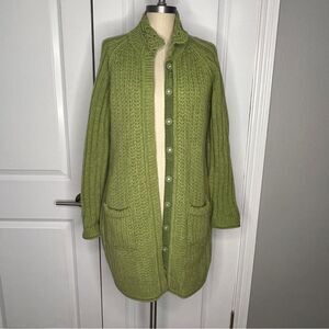 Sundance Long Button Front Chunky Knit Cardigan Green Size Small Petite Wool